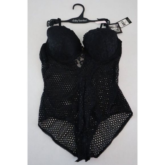 Daisy Fuentes DF2125A Women's Sz XL Black Crochet Lace Teddy Bodysuit - Picture 1 of 4